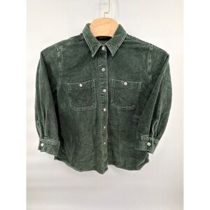 Vintage Essentials Style Green‎ Corduroy Button Up Shirt Womens Petite Large